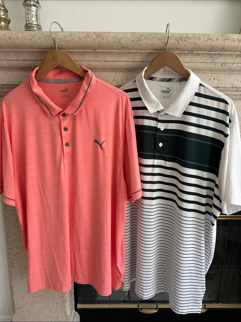 2 Puma Men's Coral and Green/White Striped Polo